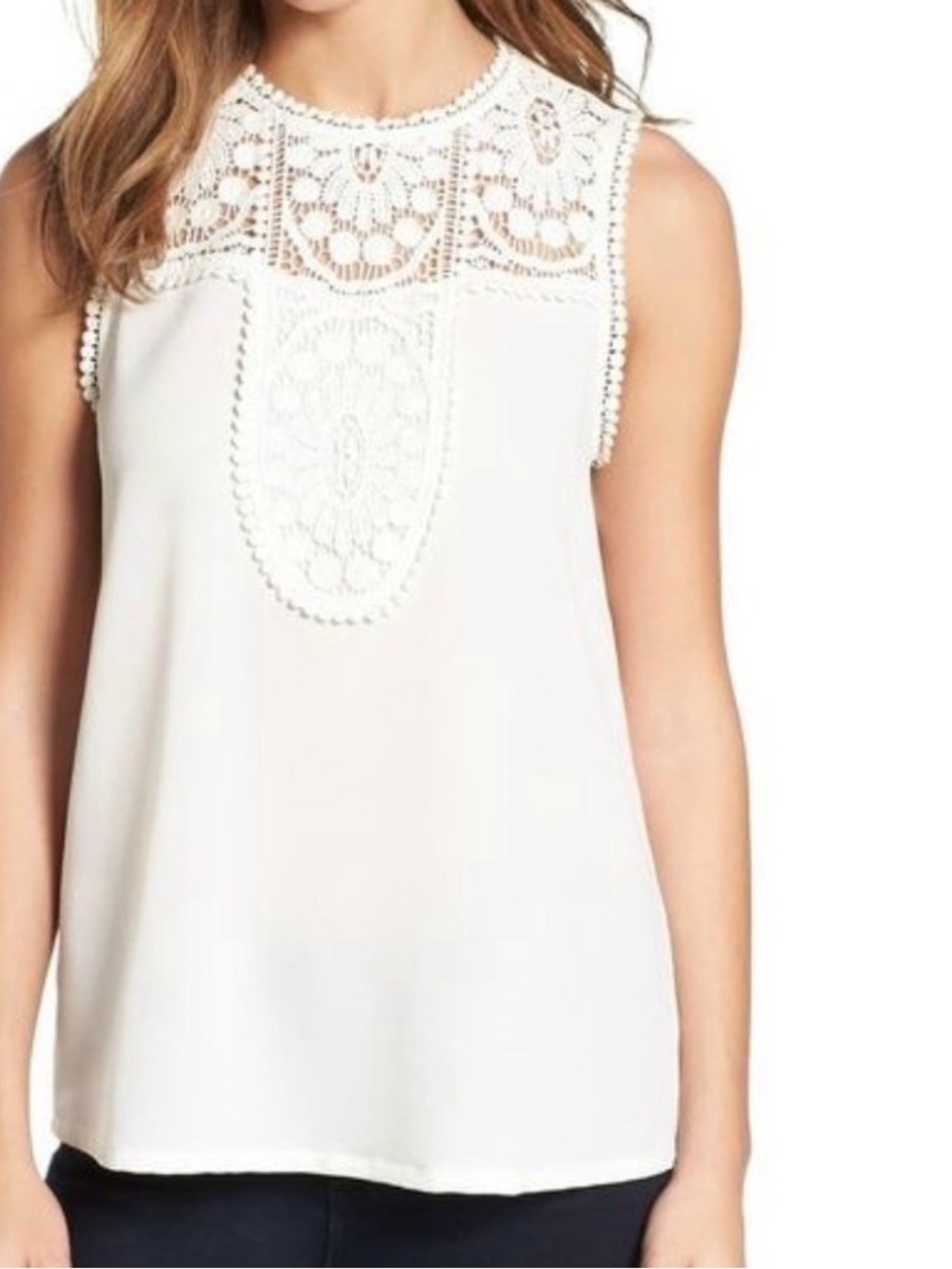 Halogen White Crochet Trim Sleeveless Top, L